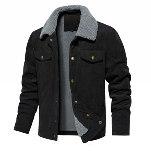 Men's Corduroy Jacket Winter Sherpa Lined Warm Thick Trucker Cargo Coat With 5 Pockets