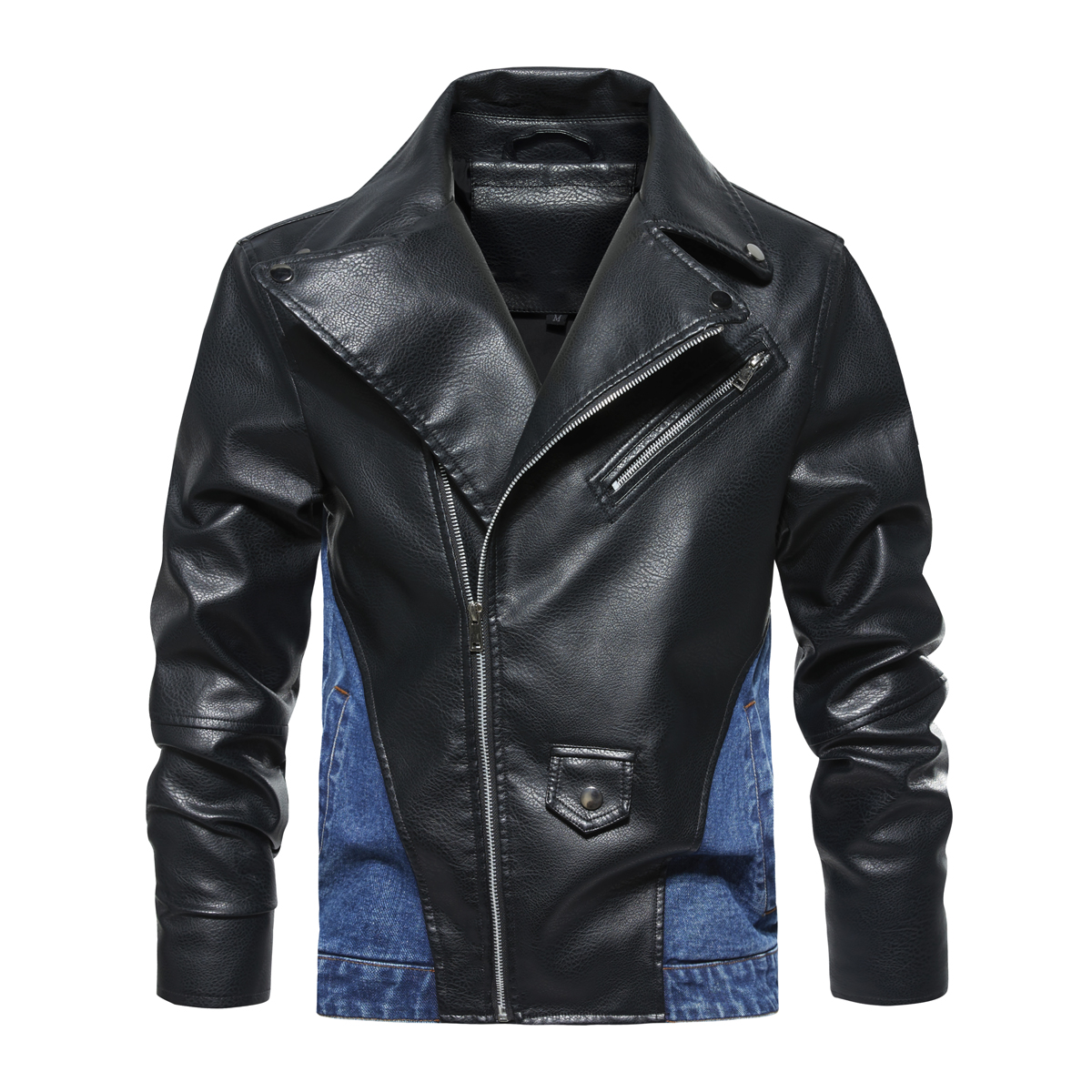 Men's Patchwork Denim Jacket, Diagonal Zipper Collared Work Jacket