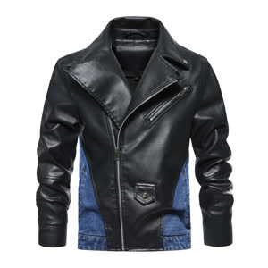 Men's Patchwork Denim Jacket, Diagonal Zipper Collared Work Jacket
