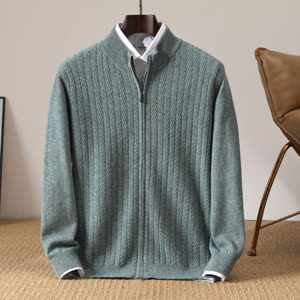 Wheat Twisted Zipper Knitted Cardigan Coat Men's High Sense