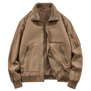 Men's Fleece-lined Washed Cotton Jacket Trendy Windproof