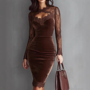 Women's Solid Color Sexy Lace Trim Bodycon Midi Dress, Long Sleeve Party Dress For Spring Autumn Evenings