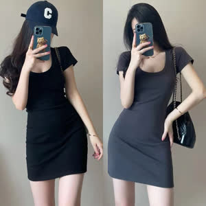 Women's Short Sleeve Summer Dress - Summer, Slim Fit, Solid Color - Style 996522
