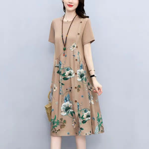 Women's Short Sleeve Summer Dress - Summer, Relaxed Fit, Printed - Style 129430