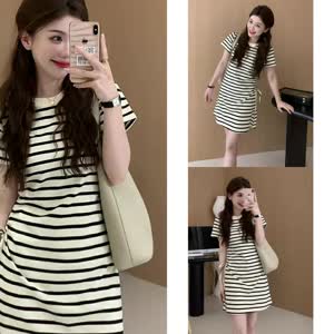 Women's Short Sleeve Summer Dress - Summer, Short Sleeve, Striped - Style 889013