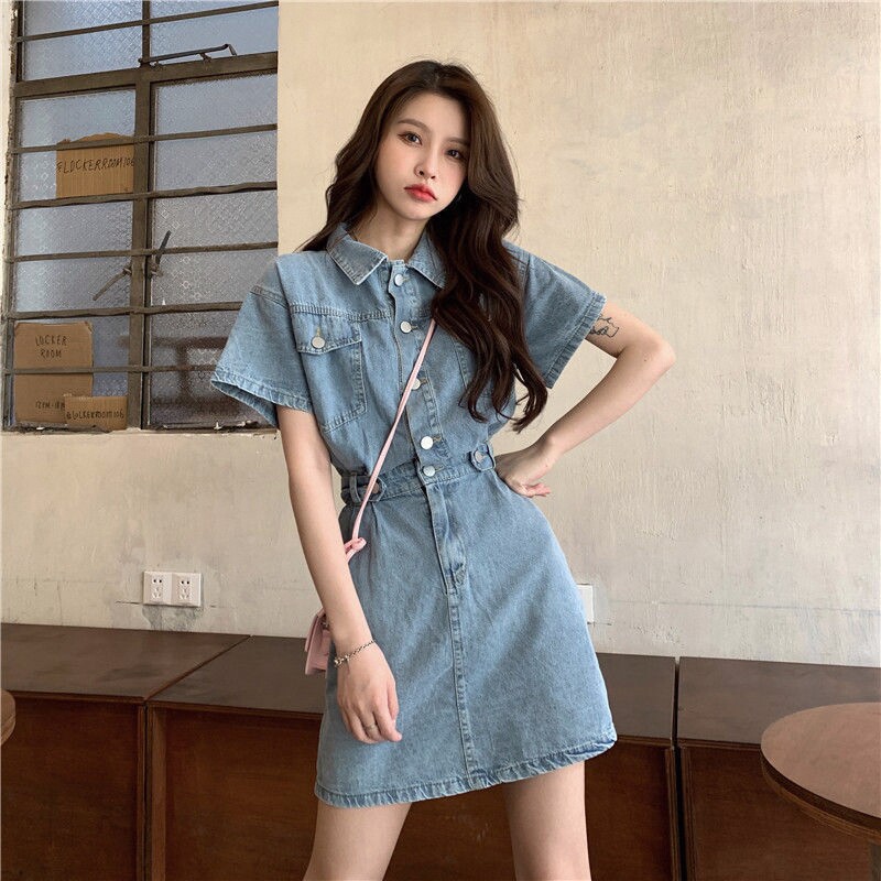 Women's Denim Dress - Summer, Short Sleeve, Denim - Style 822221