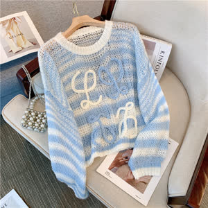 Women's Sweater - Relaxed Fit, Striped, Embroidered - Style 082591